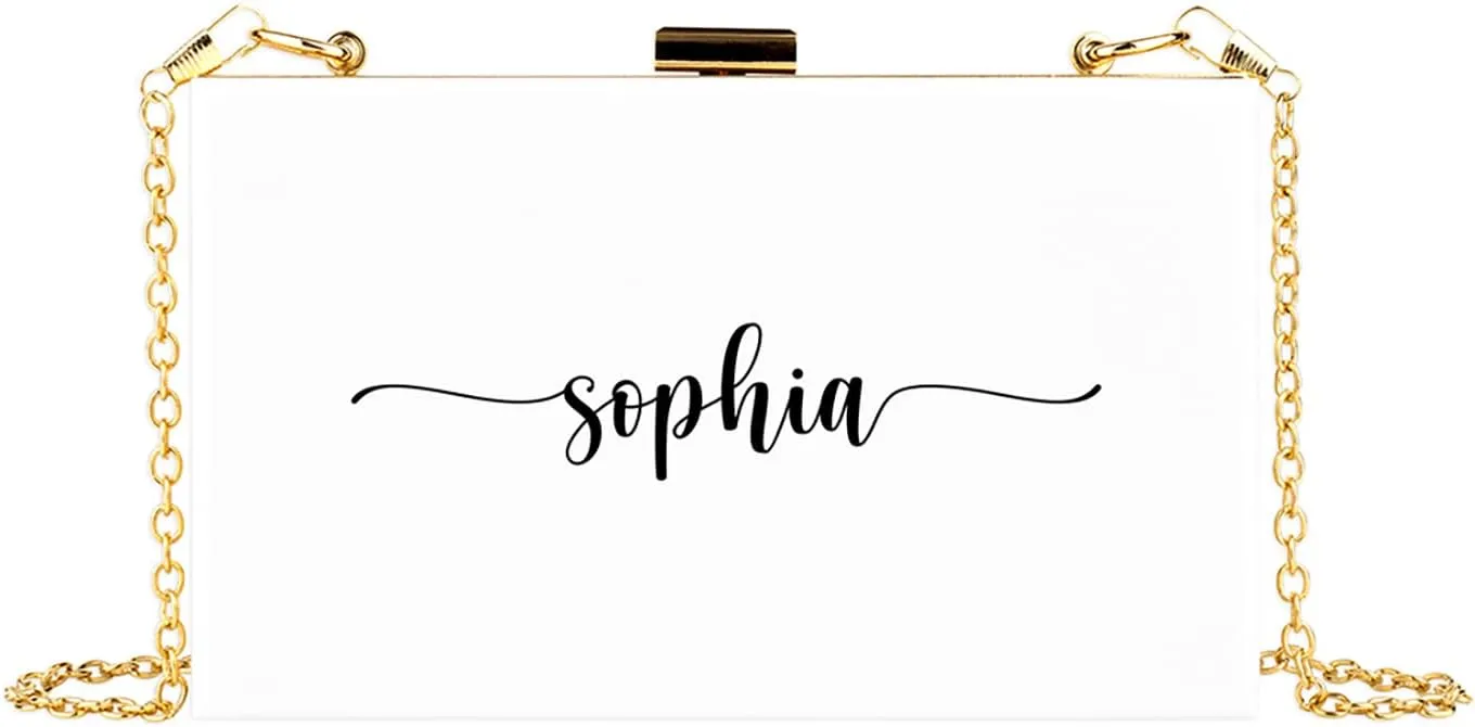 Andaz Press Personalized Acrylic Clutch Purse for Women Bridesmaids Cursive Custom Name White Clutch Box Shoulder Handbag with Gold Removable Metal Chain for Wedding Bachelorette Bridal Shower, 1-Pack