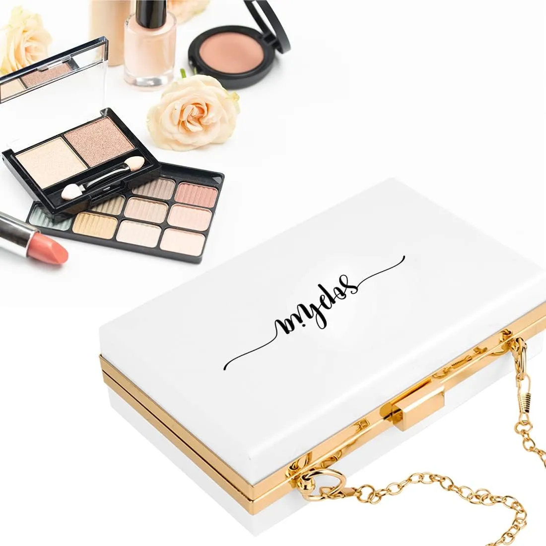 Andaz Press Personalized Acrylic Clutch Purse for Women Bridesmaids Cursive Custom Name White Clutch Box Shoulder Handbag with Gold Removable Metal Chain for Wedding Bachelorette Bridal Shower, 1-Pack