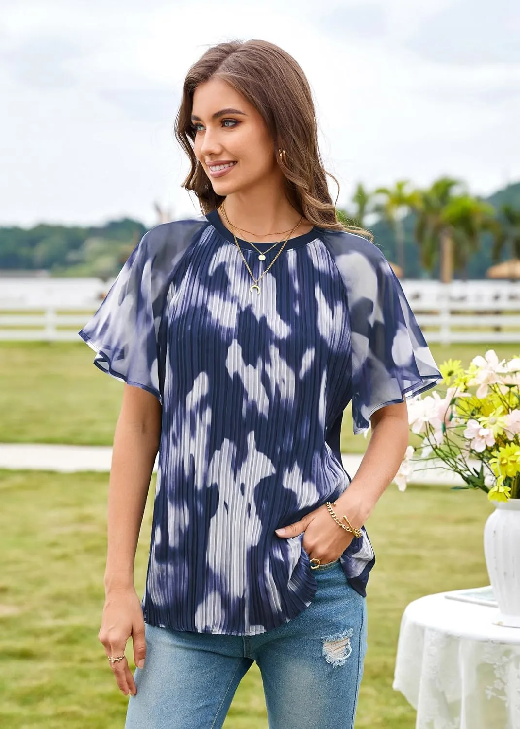 Angashion Womens Pleated Tops - Double Layers Mesh Blouses Short Sleeve Crewneck Tunics Tops