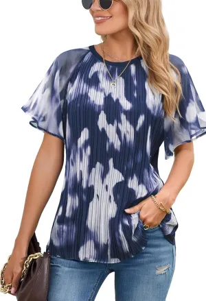 Angashion Womens Pleated Tops - Double Layers Mesh Blouses Short Sleeve Crewneck Tunics Tops