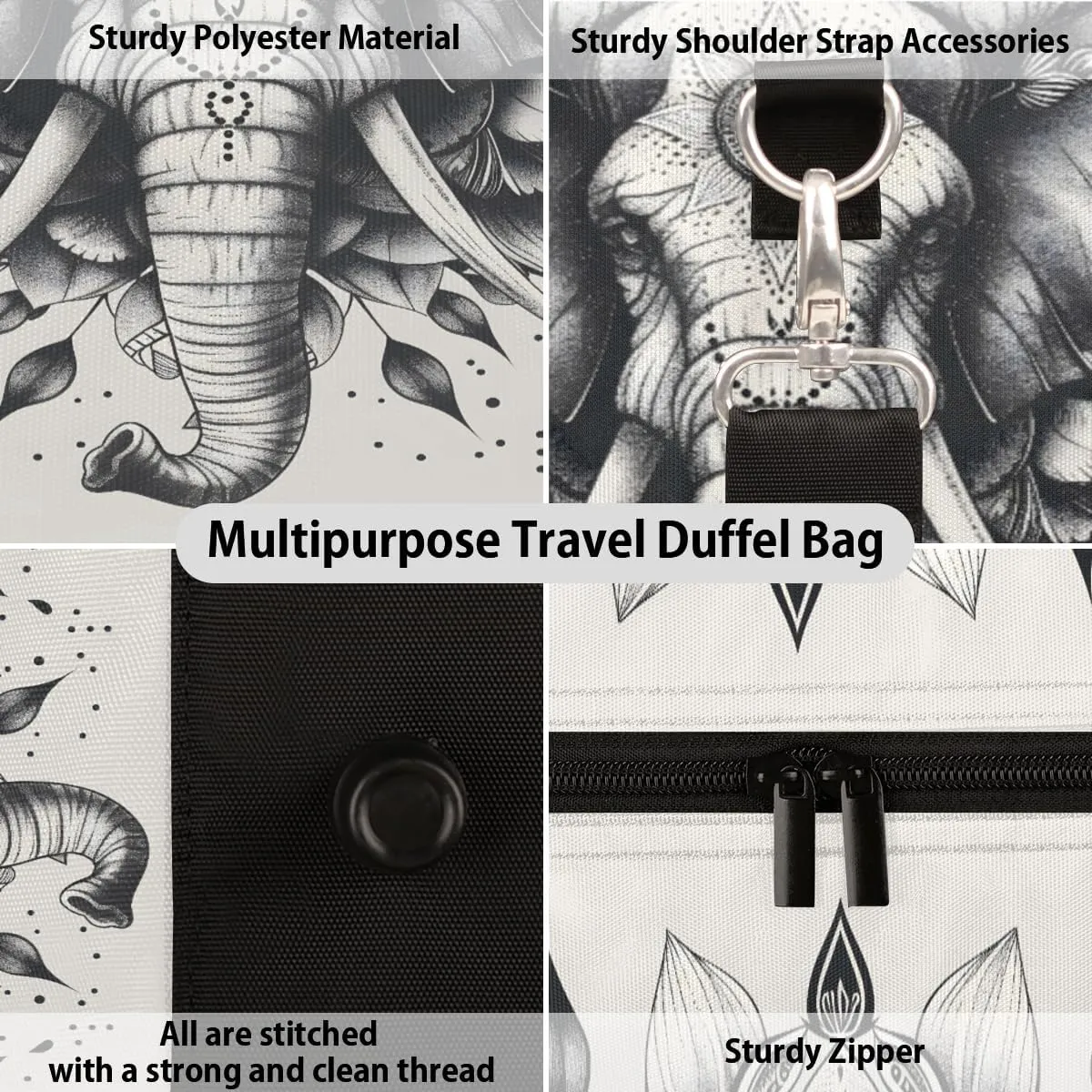 Animal Elephant Travel Duffle Bag, Sports Gym Bags for Women Men, Carry On Weekender Overnight Workout Airplane Trips Bag