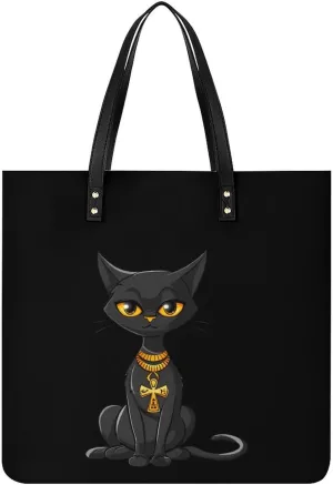 Ankh And Hieroglyphics - Egyptian Cat Tote Bag for Women PU Leather Purses Handbags Shoulder Bag for Top Handle