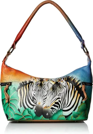 Anna by Anuschka Women's Genuine Leather, Hand Painted - Medium East-West Hobo, Zip-Top Shoulder Bag