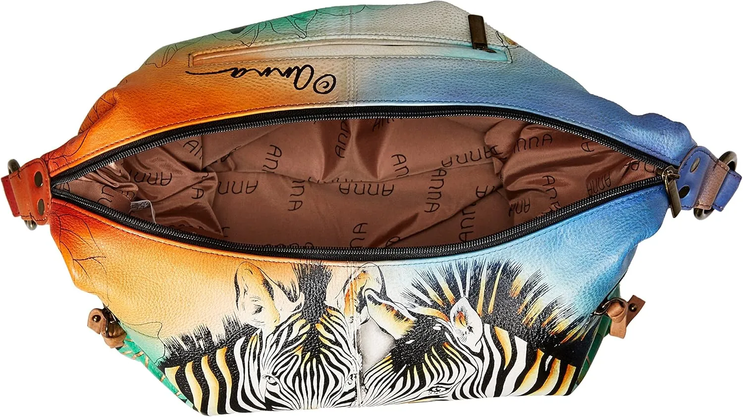 Anna by Anuschka Women's Genuine Leather, Hand Painted - Medium East-West Hobo, Zip-Top Shoulder Bag