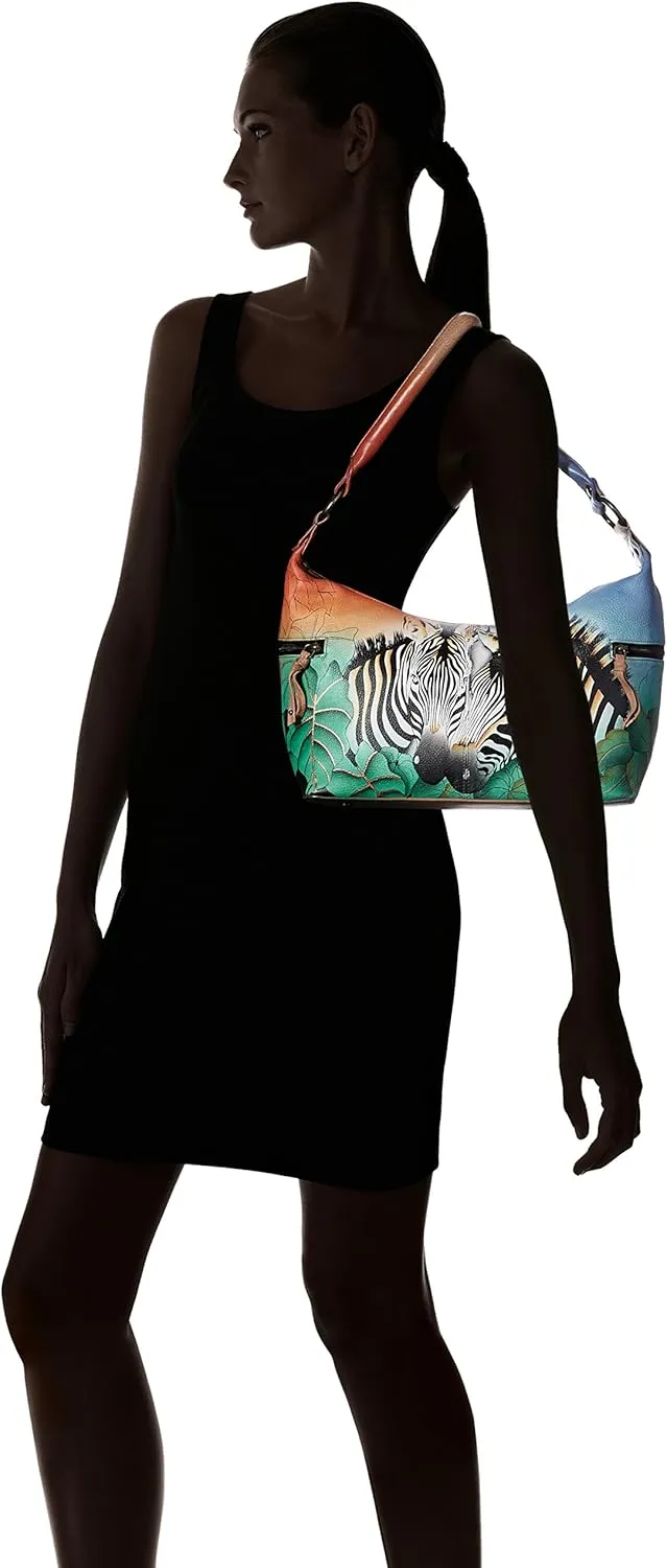 Anna by Anuschka Women's Genuine Leather, Hand Painted - Medium East-West Hobo, Zip-Top Shoulder Bag