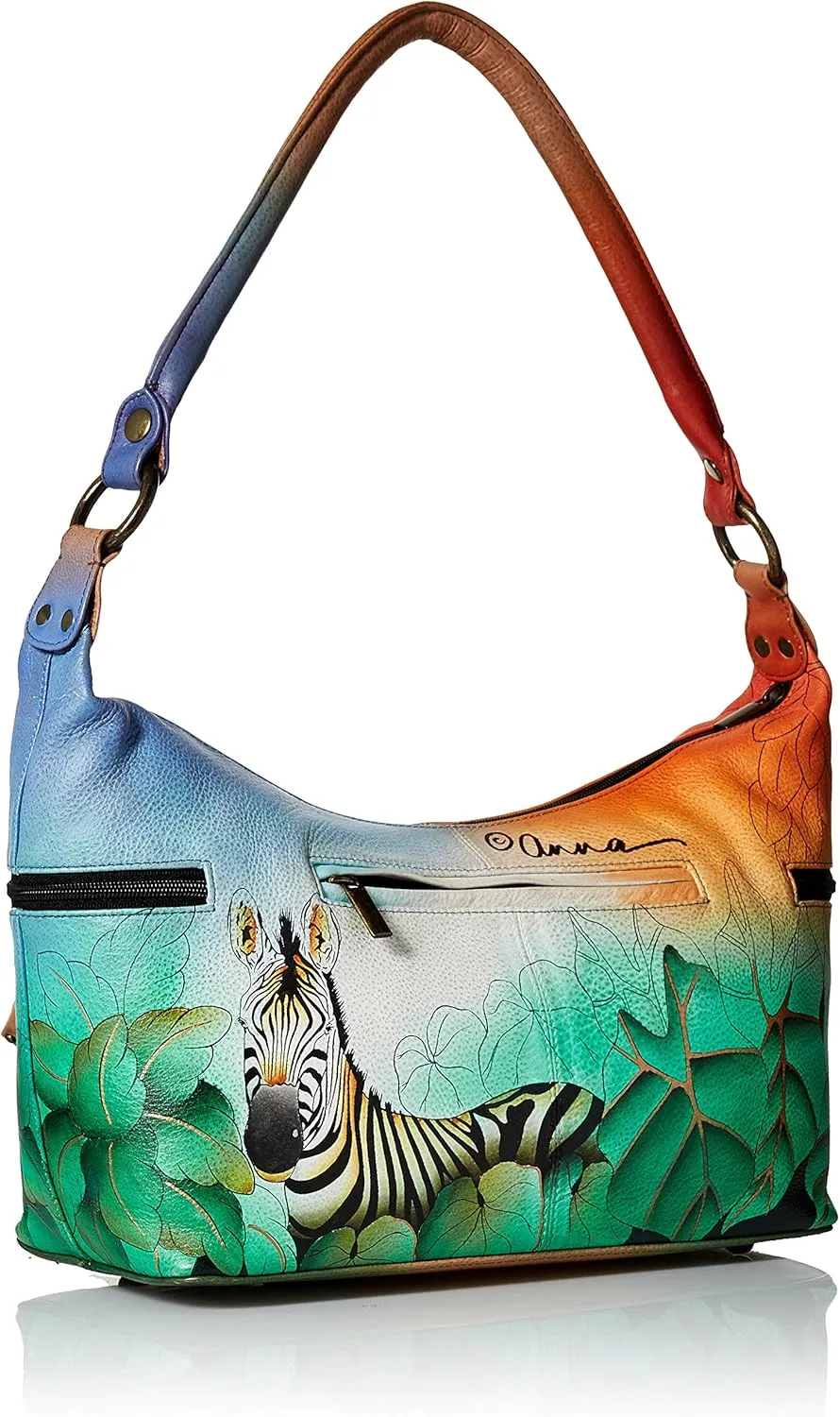 Anna by Anuschka Women's Genuine Leather, Hand Painted - Medium East-West Hobo, Zip-Top Shoulder Bag