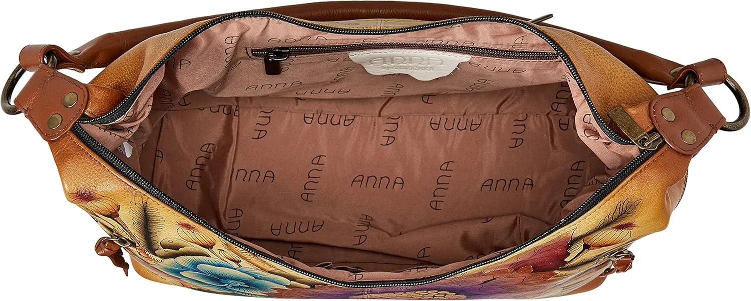 Anna by Anuschka Women's Genuine Leather, Hand Painted - Medium East-West Hobo, Zip-Top Shoulder Bag