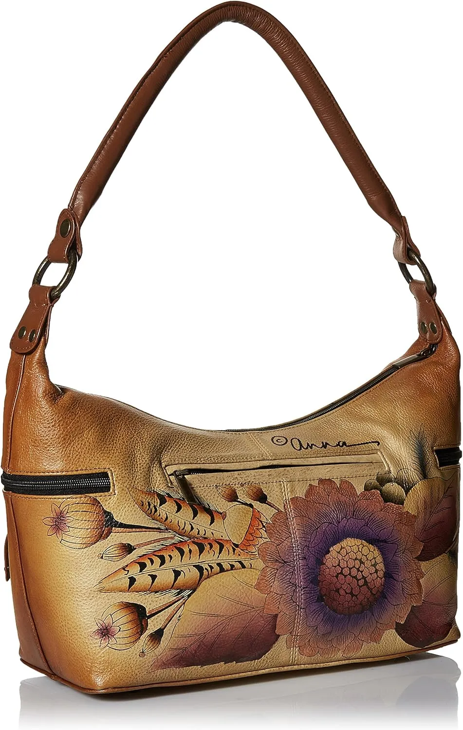 Anna by Anuschka Women's Genuine Leather, Hand Painted - Medium East-West Hobo, Zip-Top Shoulder Bag