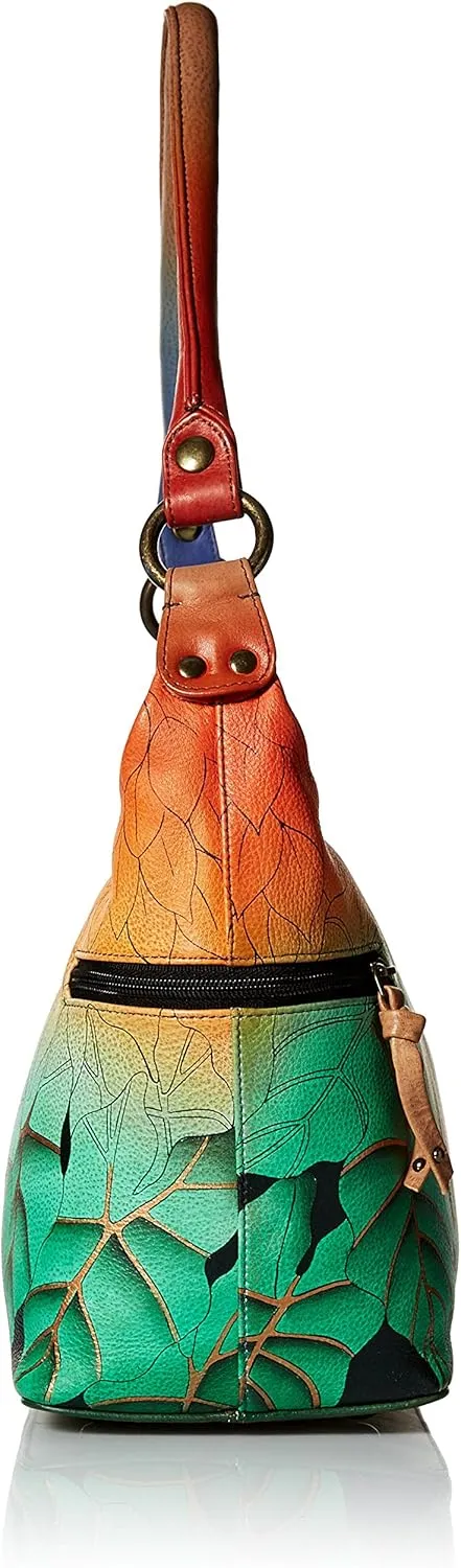 Anna by Anuschka Women's Genuine Leather, Hand Painted - Medium East-West Hobo, Zip-Top Shoulder Bag
