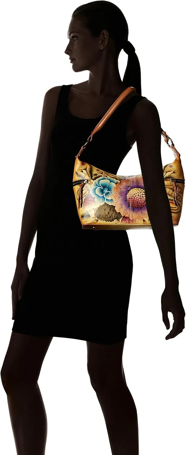 Anna by Anuschka Women's Genuine Leather, Hand Painted - Medium East-West Hobo, Zip-Top Shoulder Bag