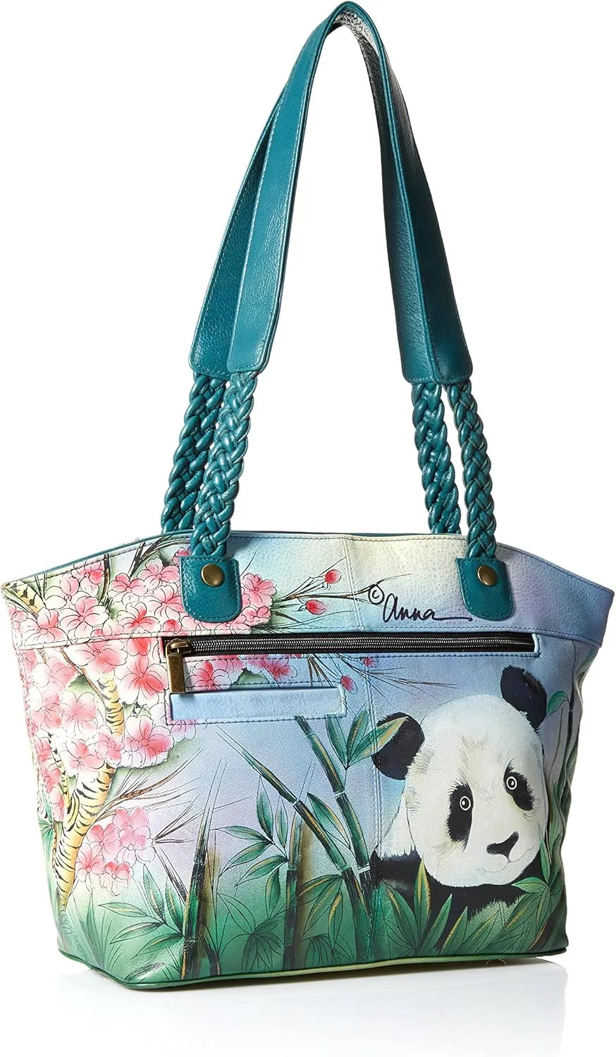 Anna by Anuschka Women's Genuine Leather Large East-West Braided Handle Tote Bag - Hand Painted Original Artwork