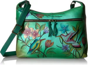 Anna by Anuschka Women's Genuine Leather Medium Shoulder Hobo | Zip-Top Organizer with Side-Zip Pockets | Birds in Paradise Green