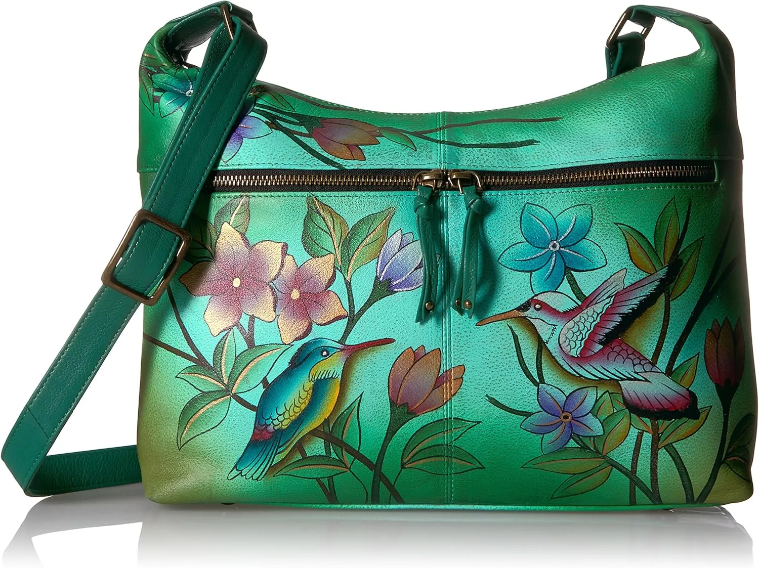 Anna by Anuschka Women's Genuine Leather Medium Shoulder Hobo | Zip-Top Organizer with Side-Zip Pockets | Birds in Paradise Green