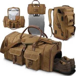 ARCFOX Vintage Waxed Canvas Mens Duffle Bag for Traveling, 45L Expandable Travel Bags for Men Convertible Backpack, Weekender Overnight Bag with Shoe Compartment, Carry On Bags for Airplanes, Brown