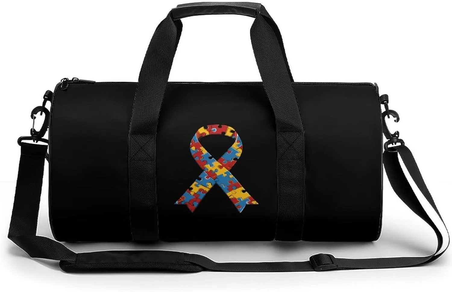 Autism Ribbon Awareness Round Barrel Gym Sport Bag Small Travel Duffel Bags Reusable Tote for Men Women