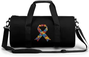 Autism Ribbon Awareness Round Barrel Gym Sport Bag Small Travel Duffel Bags Reusable Tote for Men Women