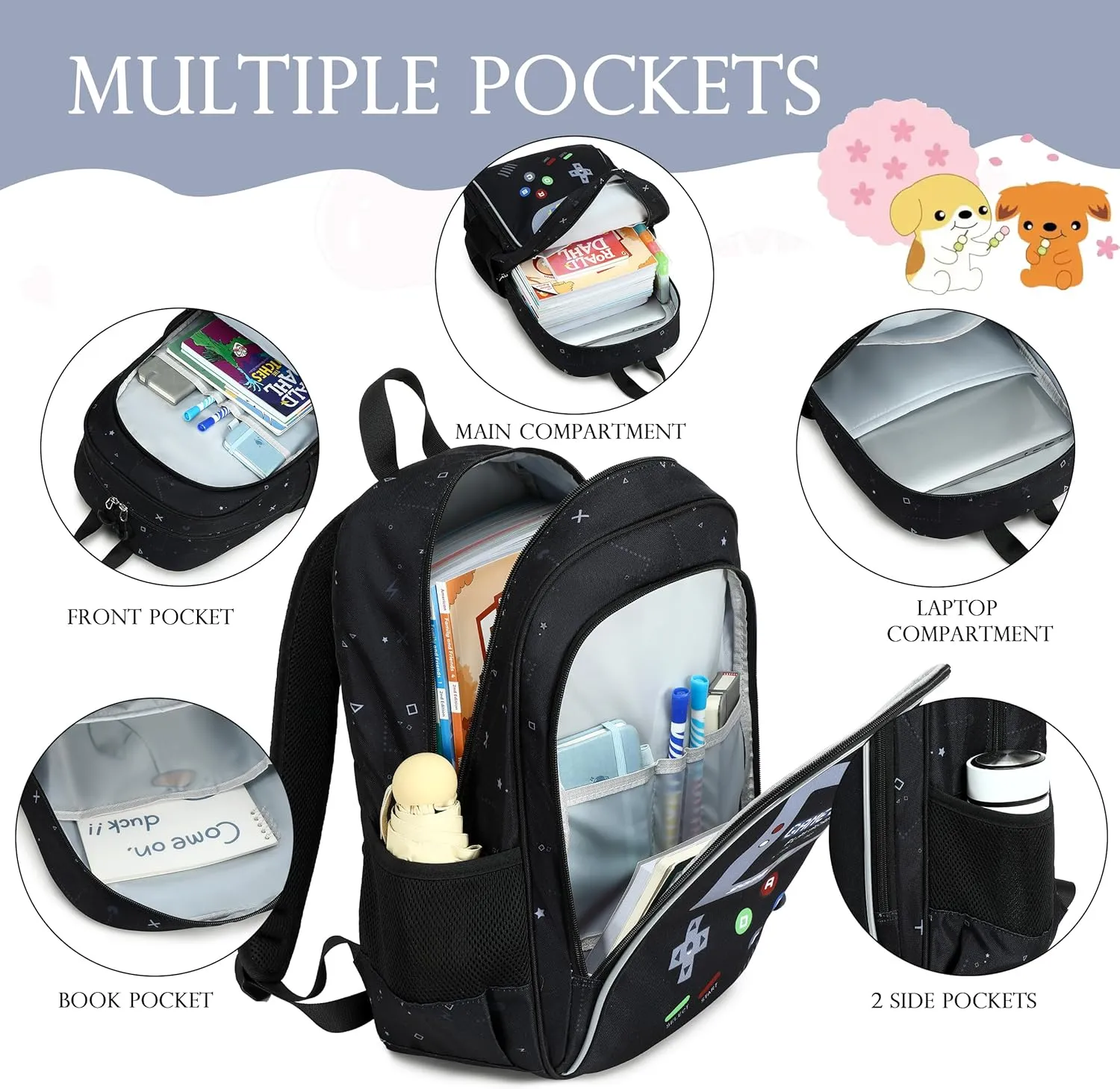 Backpack for Boys, Boy Backpacks Cartoon Prints Schoolbag for Kids Children Teens Elementary Primary Laptop School Bags, Waterproof Lightweight Toddler Bookbag Casual Daypack with Lunch Bag Set,Black
