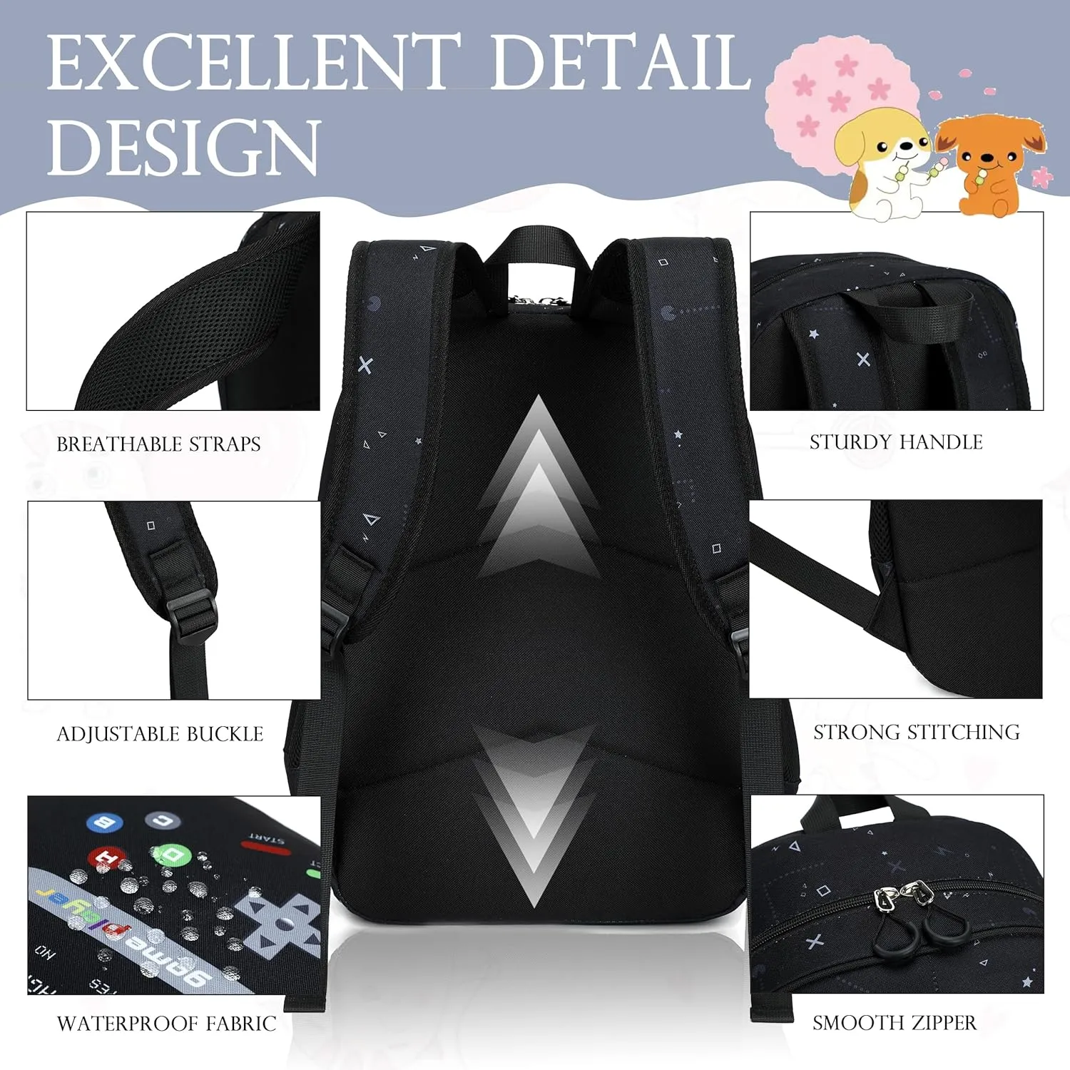 Backpack for Boys, Boy Backpacks Cartoon Prints Schoolbag for Kids Children Teens Elementary Primary Laptop School Bags, Waterproof Lightweight Toddler Bookbag Casual Daypack with Lunch Bag Set,Black