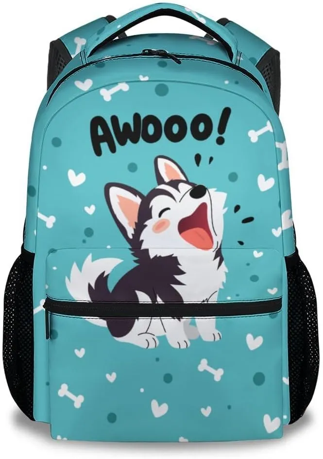 Backpack for Kids, 17 Inch Teal Husky Backpacks for Primary School, Cartoon Lightweight Durable Bookbag for Girls Boys