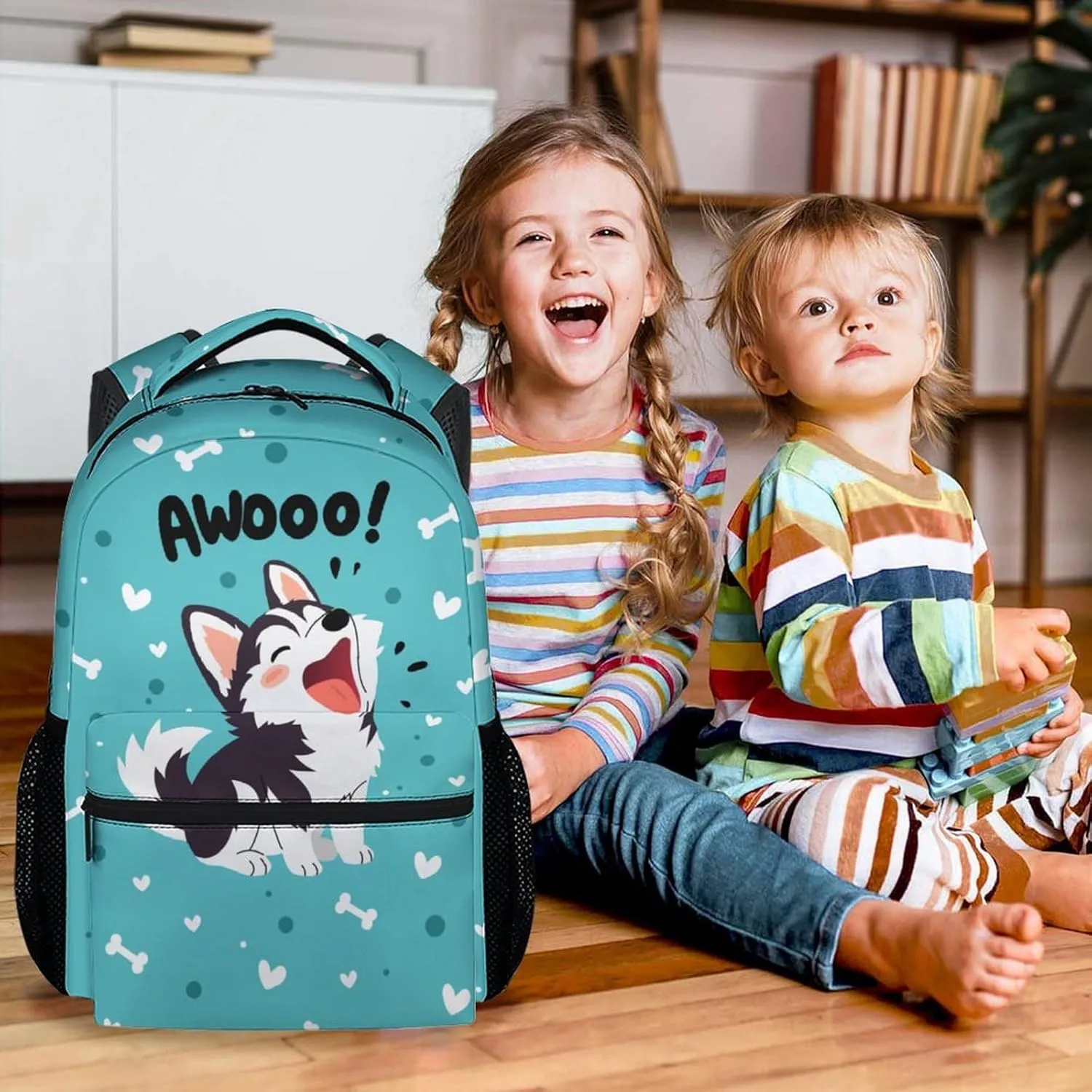 Backpack for Kids, 17 Inch Teal Husky Backpacks for Primary School, Cartoon Lightweight Durable Bookbag for Girls Boys