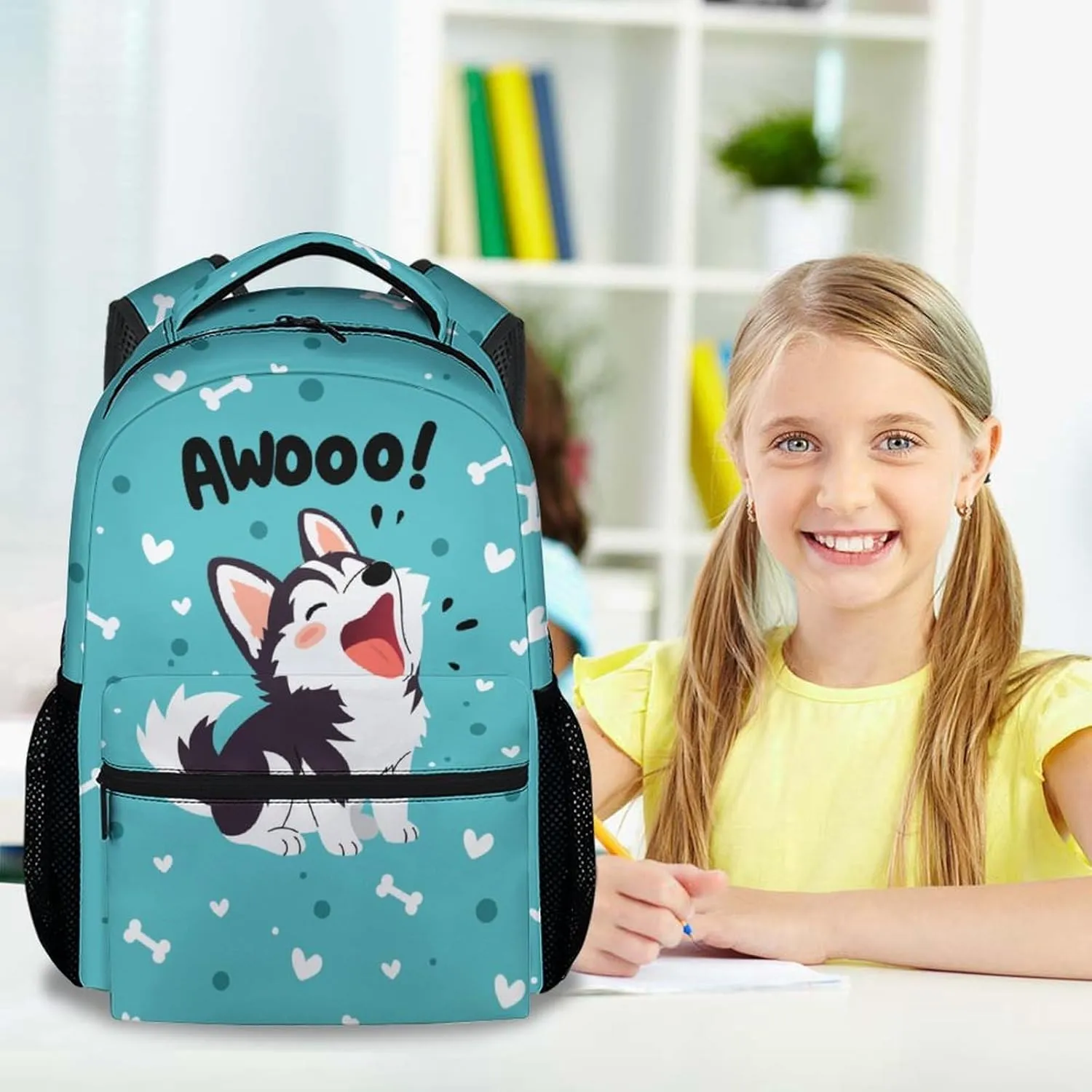Backpack for Kids, 17 Inch Teal Husky Backpacks for Primary School, Cartoon Lightweight Durable Bookbag for Girls Boys