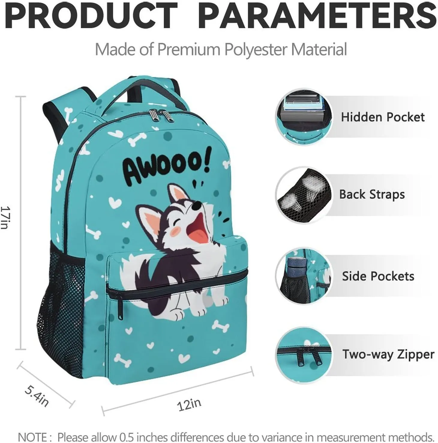 Backpack for Kids, 17 Inch Teal Husky Backpacks for Primary School, Cartoon Lightweight Durable Bookbag for Girls Boys