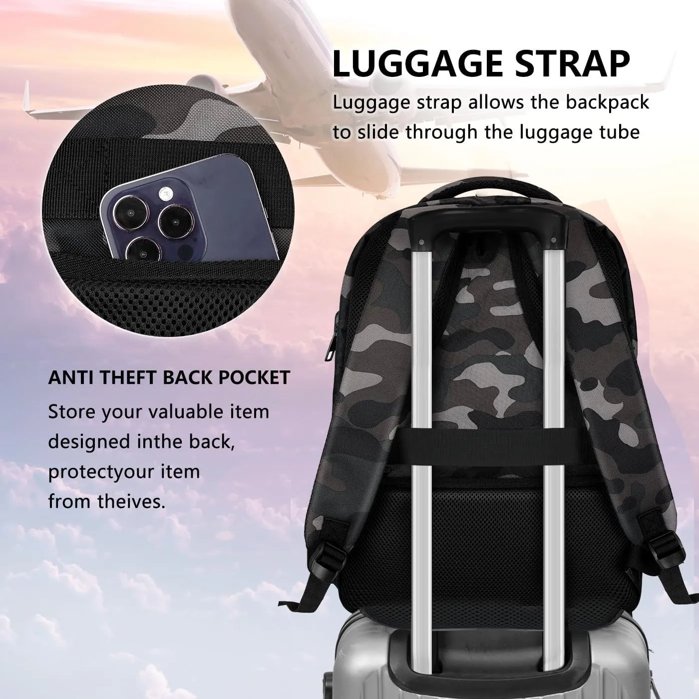 Backpack for Men Women, School Backpack with USB Charging Port, Anti Theft Carry On Flight Approved Business Work Travel 15.6 Inch Computer Laptop Backpack, BookBag for teen, Camo