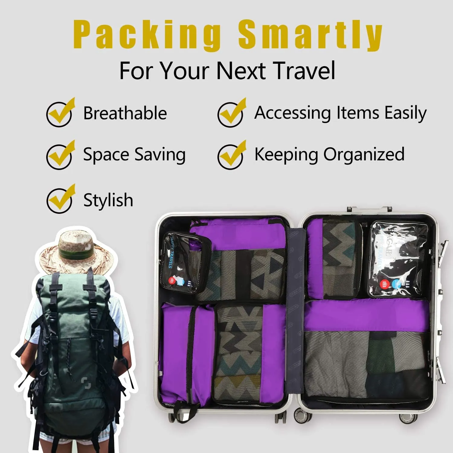 BAGAIL 8 Set/9 Set Packing Cubes Luggage Packing Organizer for Travel, Suitcase Packing Bags for Travel Accessories