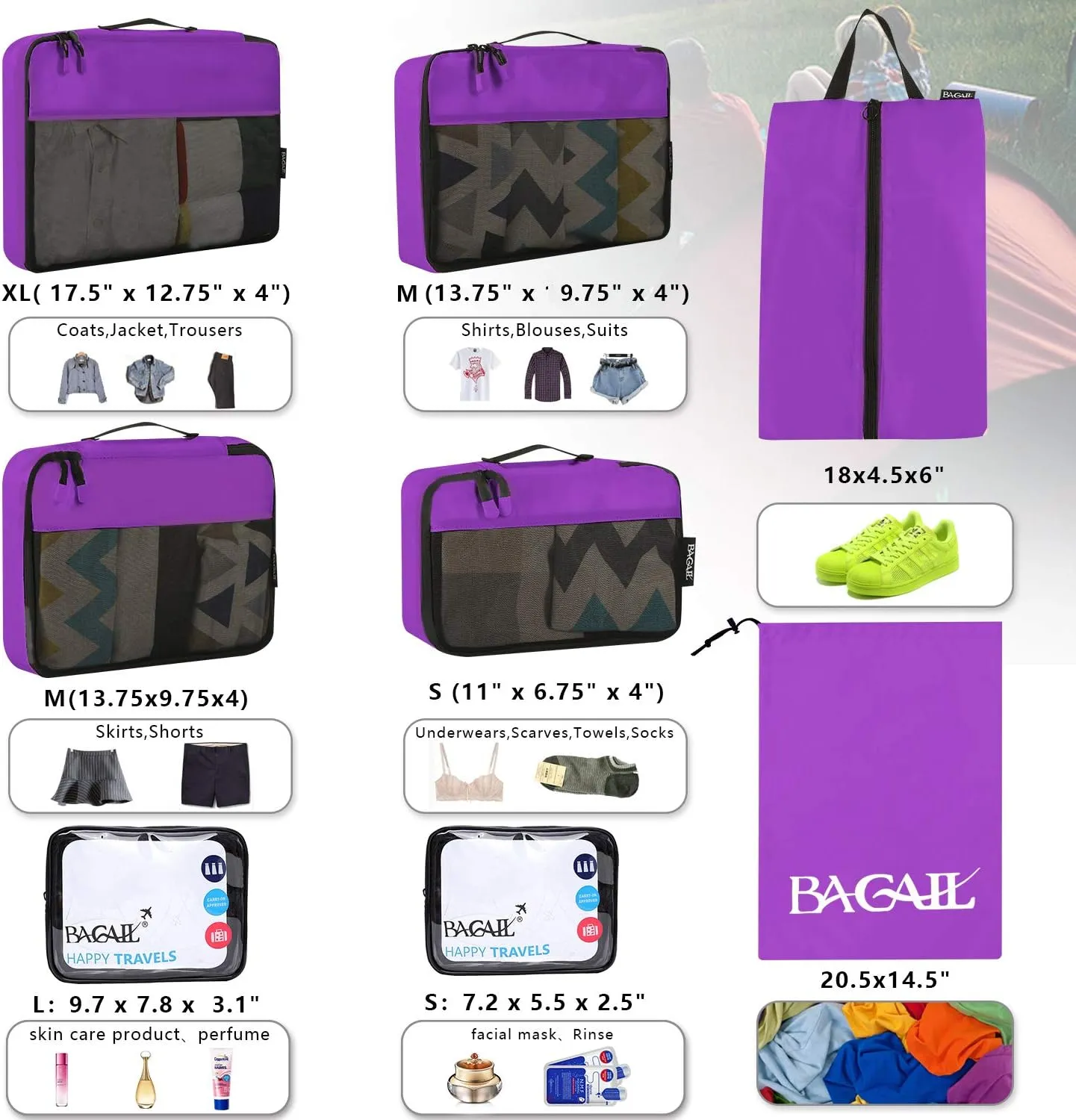 BAGAIL 8 Set/9 Set Packing Cubes Luggage Packing Organizer for Travel, Suitcase Packing Bags for Travel Accessories