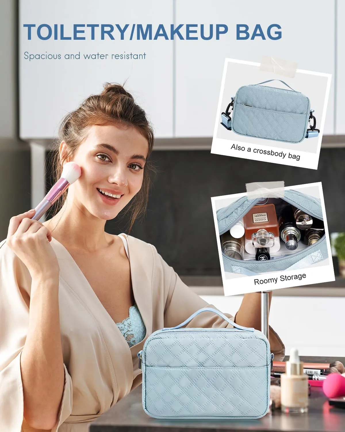BAGAIL Extra Large Light Blue Duffel Bag, Weekender, Overnight, Gym, Carry On, Hospital, Mom Bag with Wet Pocket, Waterproof, Multiple Compartments, Adjustable Shoulder Straps, Airplane Friendly