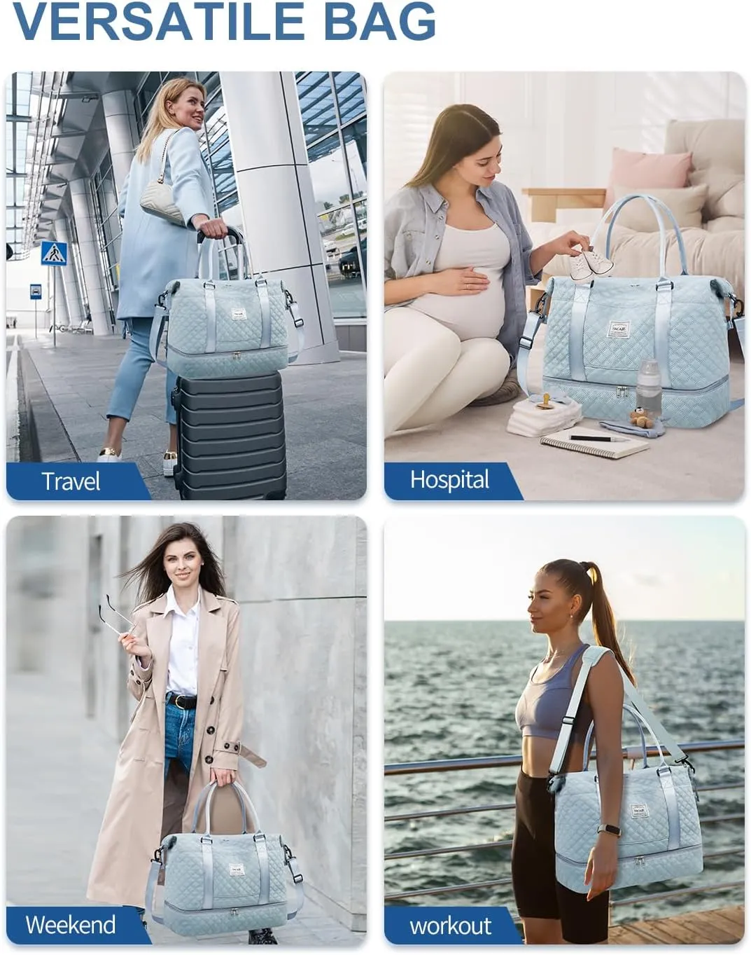 BAGAIL Extra Large Light Blue Duffel Bag, Weekender, Overnight, Gym, Carry On, Hospital, Mom Bag with Wet Pocket, Waterproof, Multiple Compartments, Adjustable Shoulder Straps, Airplane Friendly