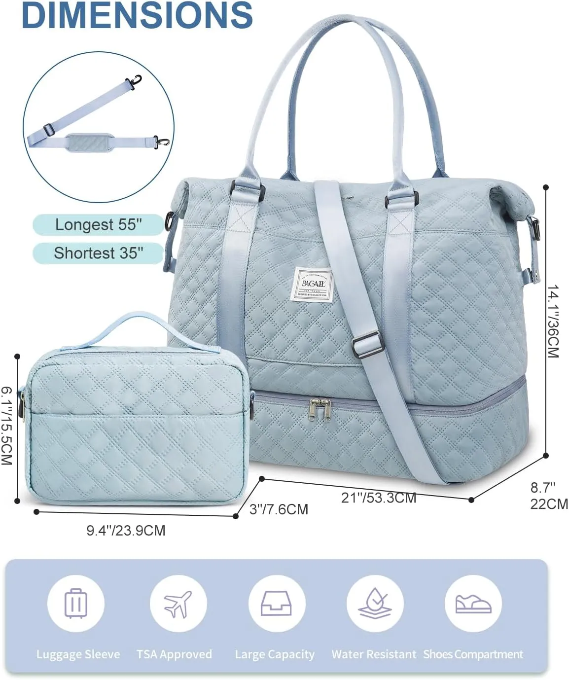 BAGAIL Extra Large Light Blue Duffel Bag, Weekender, Overnight, Gym, Carry On, Hospital, Mom Bag with Wet Pocket, Waterproof, Multiple Compartments, Adjustable Shoulder Straps, Airplane Friendly