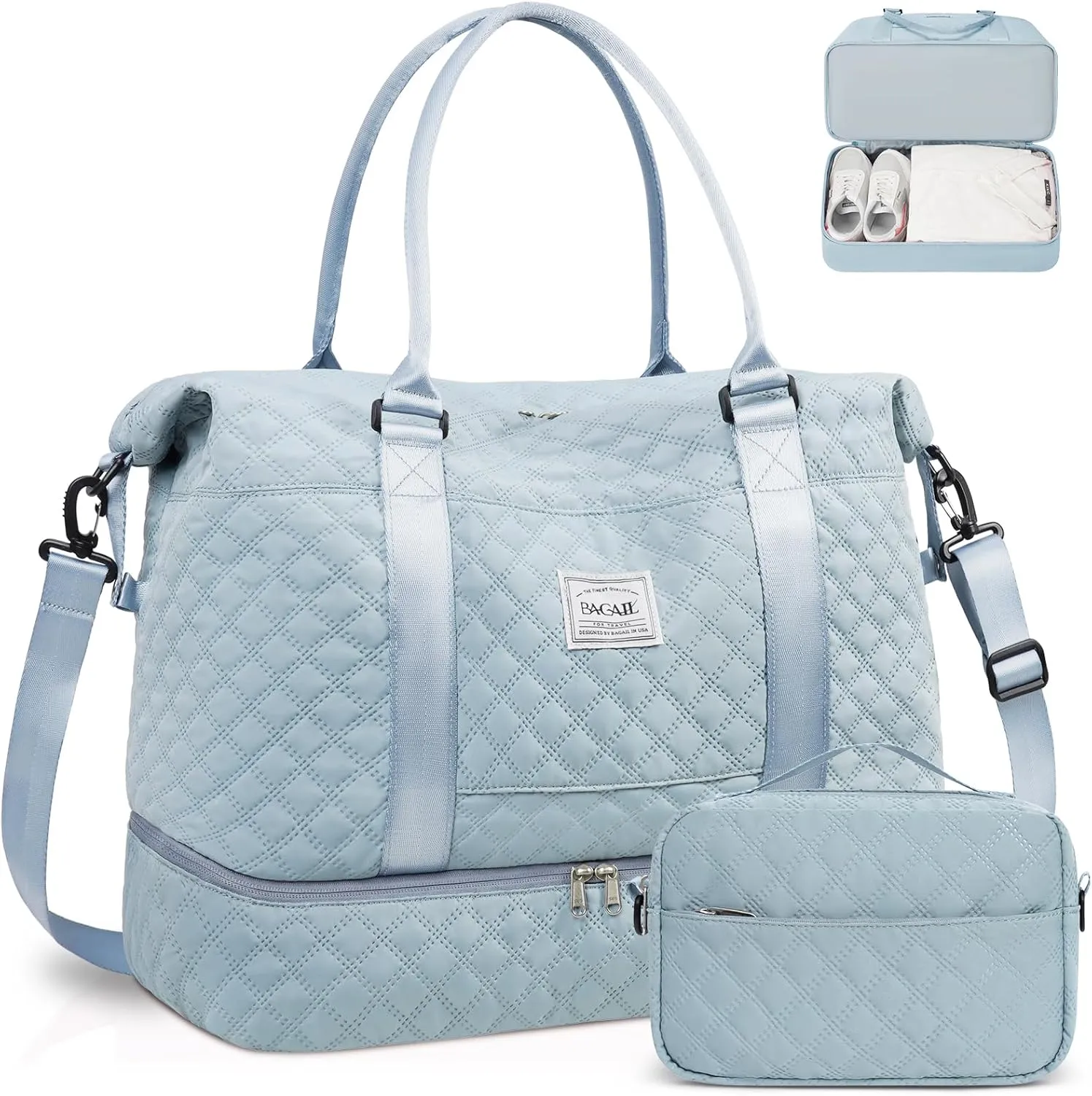 BAGAIL Extra Large Light Blue Duffel Bag, Weekender, Overnight, Gym, Carry On, Hospital, Mom Bag with Wet Pocket, Waterproof, Multiple Compartments, Adjustable Shoulder Straps, Airplane Friendly
