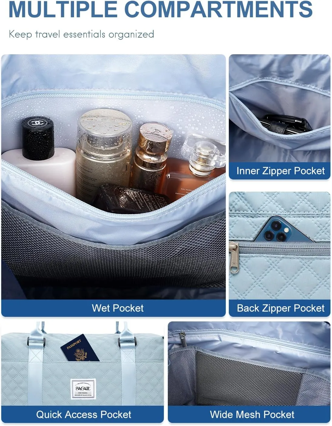 BAGAIL Extra Large Light Blue Duffel Bag, Weekender, Overnight, Gym, Carry On, Hospital, Mom Bag with Wet Pocket, Waterproof, Multiple Compartments, Adjustable Shoulder Straps, Airplane Friendly