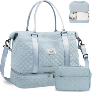 BAGAIL Extra Large Light Blue Duffel Bag, Weekender, Overnight, Gym, Carry On, Hospital, Mom Bag with Wet Pocket, Waterproof, Multiple Compartments, Adjustable Shoulder Straps, Airplane Friendly