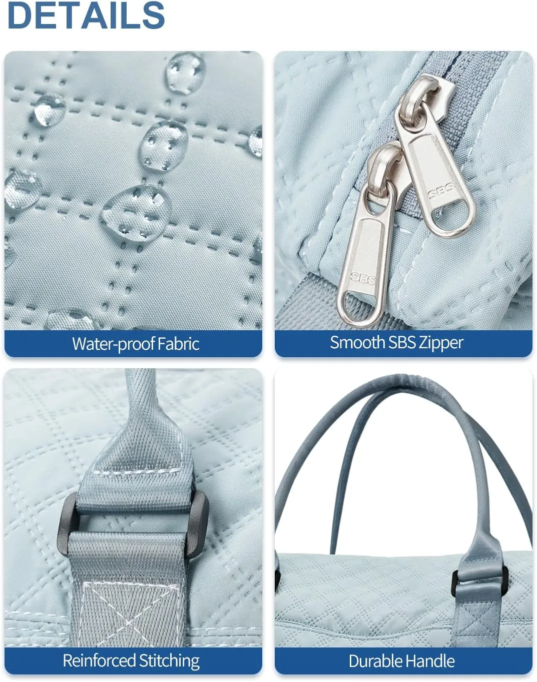 BAGAIL Extra Large Light Blue Duffel Bag, Weekender, Overnight, Gym, Carry On, Hospital, Mom Bag with Wet Pocket, Waterproof, Multiple Compartments, Adjustable Shoulder Straps, Airplane Friendly