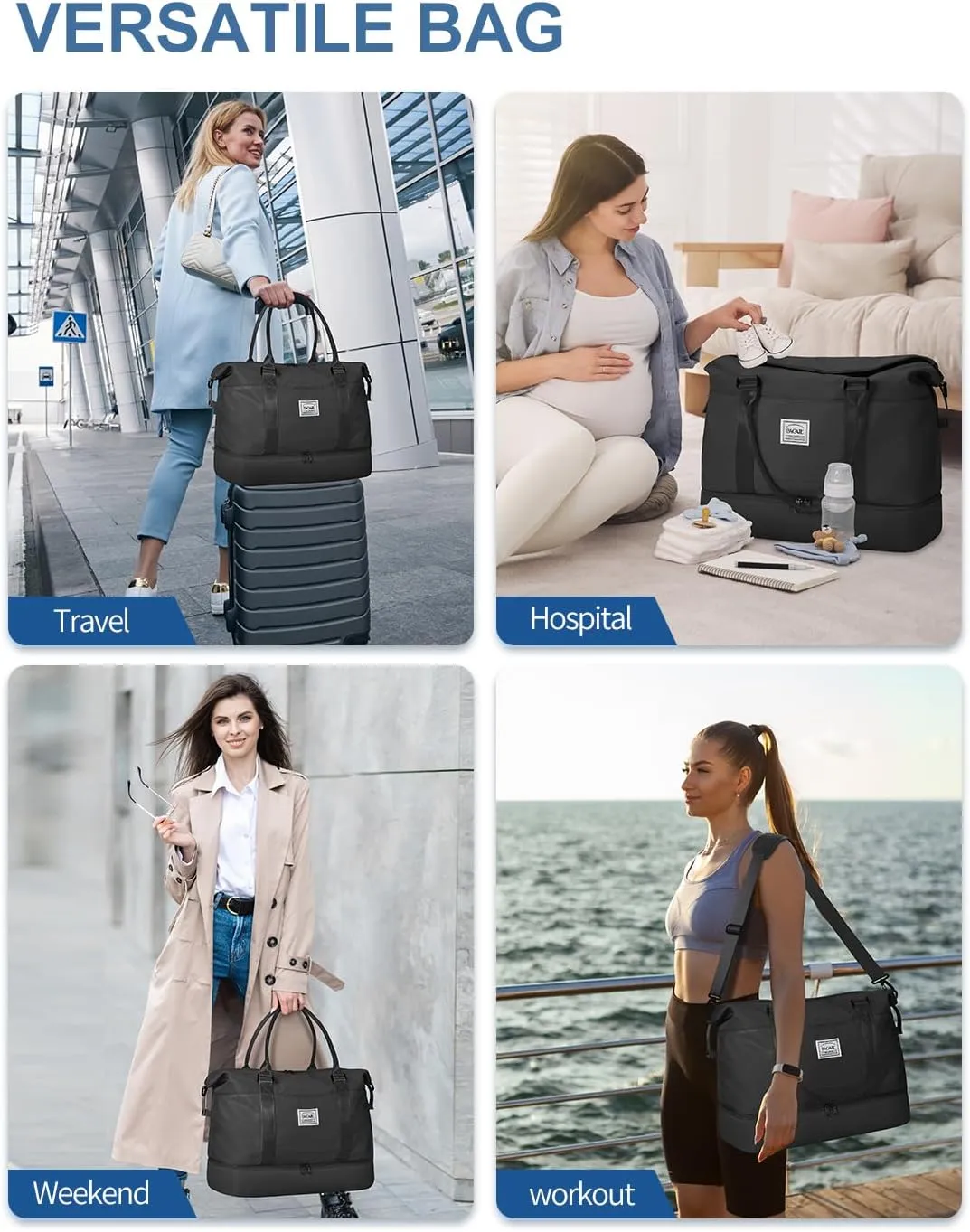BAGAIL Travel Duffel Bag, Weekender Bags for Women, Overnight Gym Carry On Tote Bag with Wet Pocket, Hospital Mom Bag for Labor and Delivery - Extra Large Set, Black