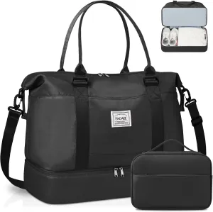 BAGAIL Travel Duffel Bag, Weekender Bags for Women, Overnight Gym Carry On Tote Bag with Wet Pocket, Hospital Mom Bag for Labor and Delivery - Extra Large Set, Black