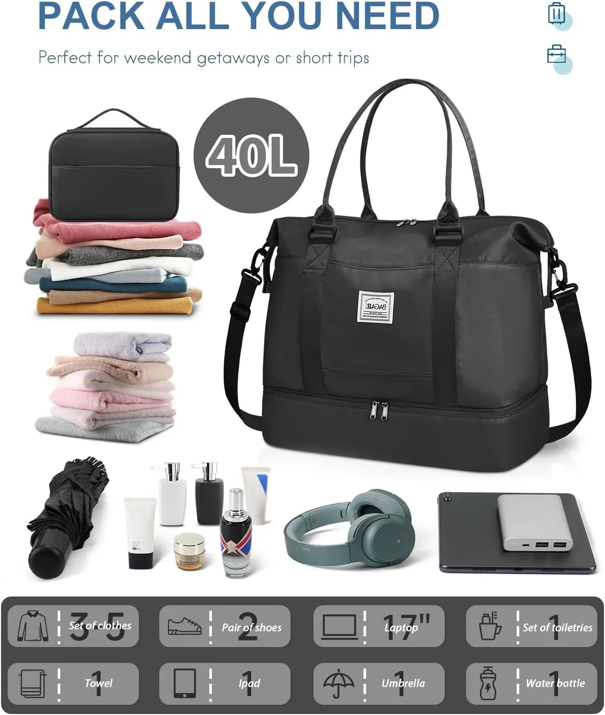 BAGAIL Travel Duffel Bag, Weekender Bags for Women, Overnight Gym Carry On Tote Bag with Wet Pocket, Hospital Mom Bag for Labor and Delivery - Extra Large Set, Black