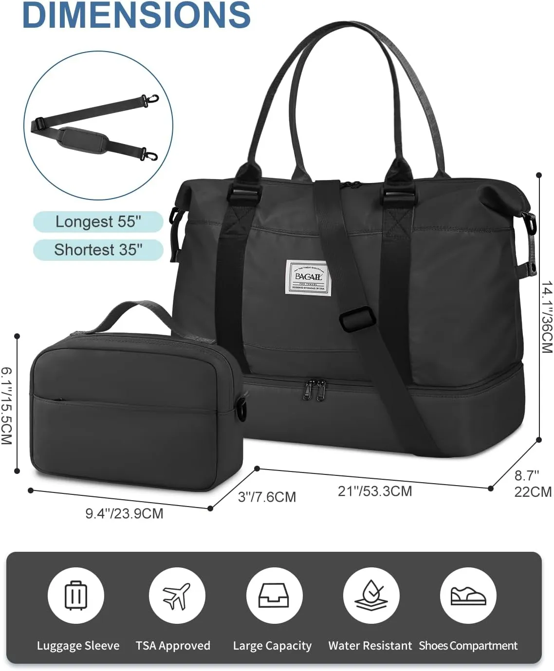 BAGAIL Travel Duffel Bag, Weekender Bags for Women, Overnight Gym Carry On Tote Bag with Wet Pocket, Hospital Mom Bag for Labor and Delivery - Extra Large Set, Black