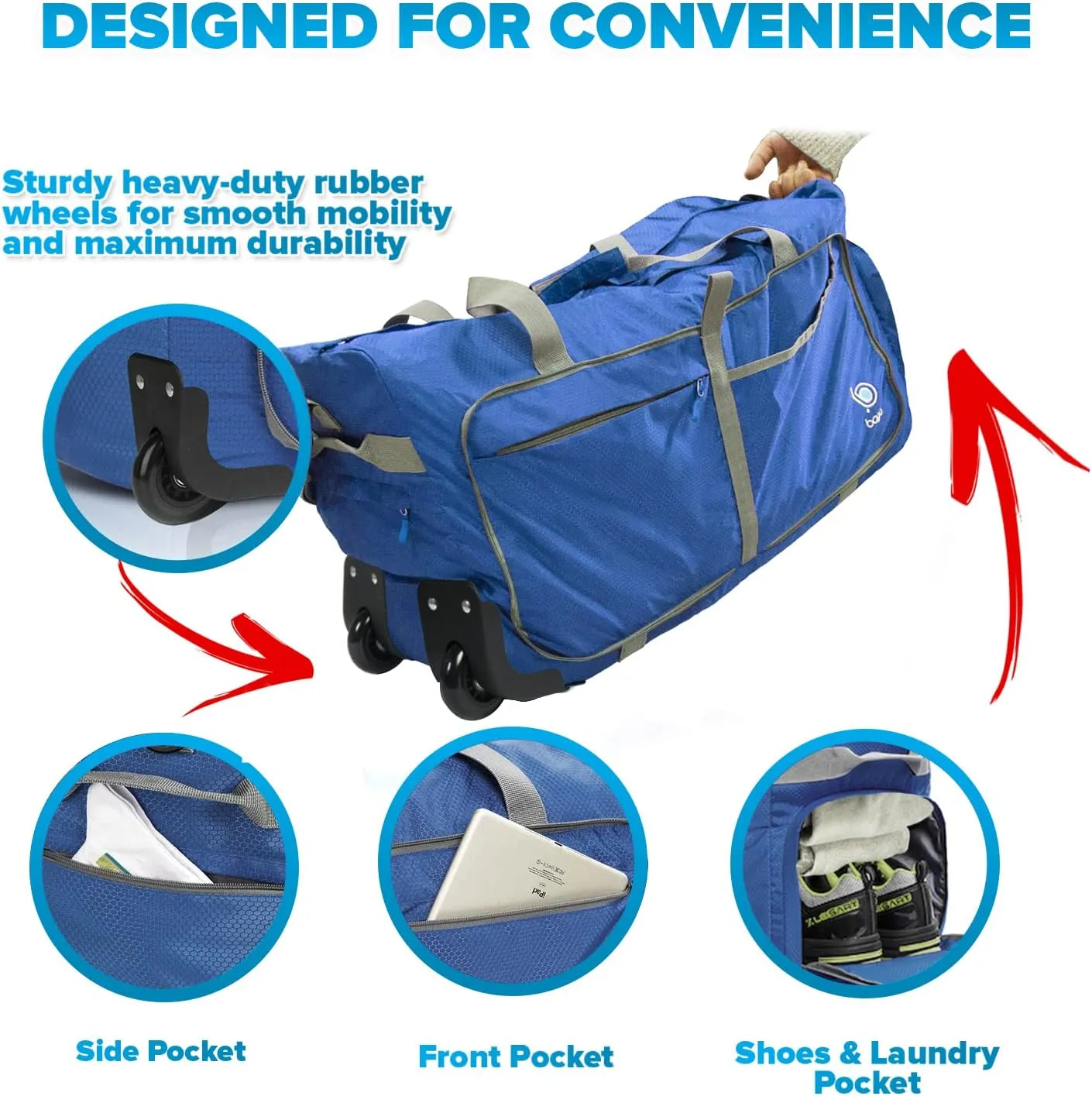 Bago Rolling Duffle Bag with Wheels - 31" 120L Foldable Weekender Bag, Waterproof Travel Duffel Bag, Heavy Duty lightWeight Duffle Bag for Traveling, Rolling Duffel Bag with Wheels (Blue)