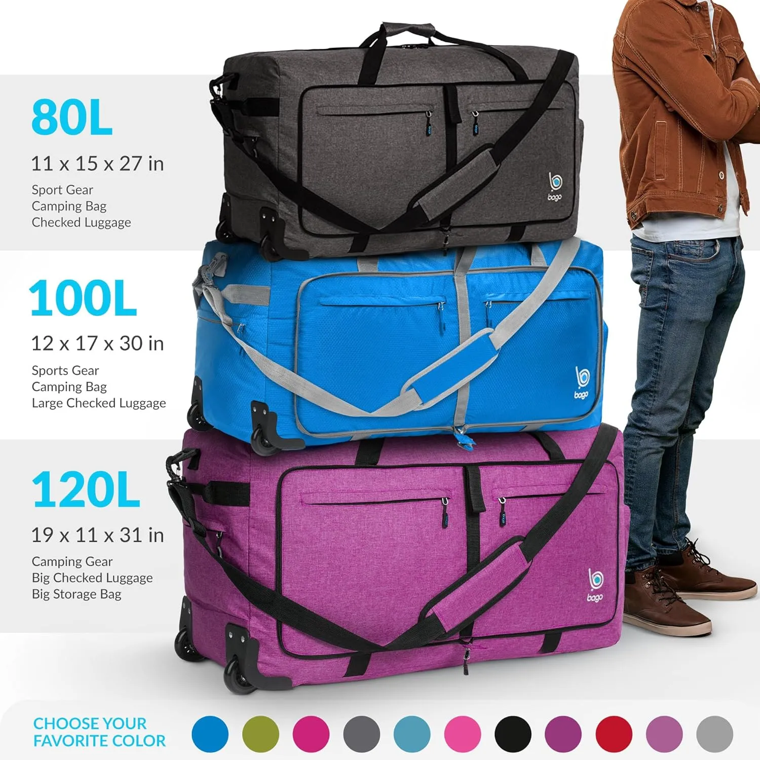 Bago Rolling Duffle Bag with Wheels - 31" 120L Foldable Weekender Bag, Waterproof Travel Duffel Bag, Heavy Duty lightWeight Duffle Bag for Traveling, Rolling Duffel Bag with Wheels (Blue)