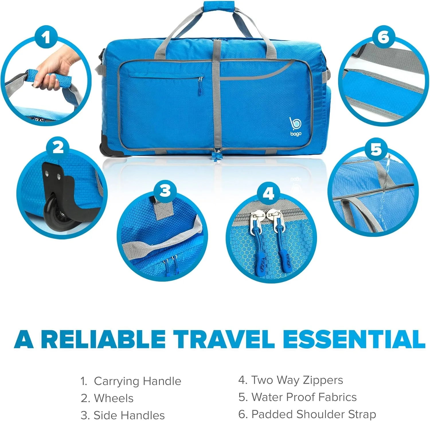 Bago Rolling Duffle Bag with Wheels - 31" 120L Foldable Weekender Bag, Waterproof Travel Duffel Bag, Heavy Duty lightWeight Duffle Bag for Traveling, Rolling Duffel Bag with Wheels (Blue)
