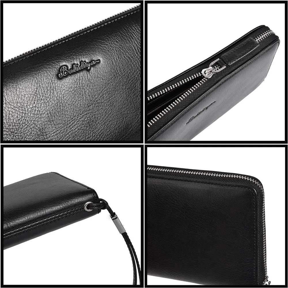 BALIDIYA Men Clutch Purse Genuine Leather Wallets Wristlet Slim Bags Card Holder Organizer Handbags, Black-2