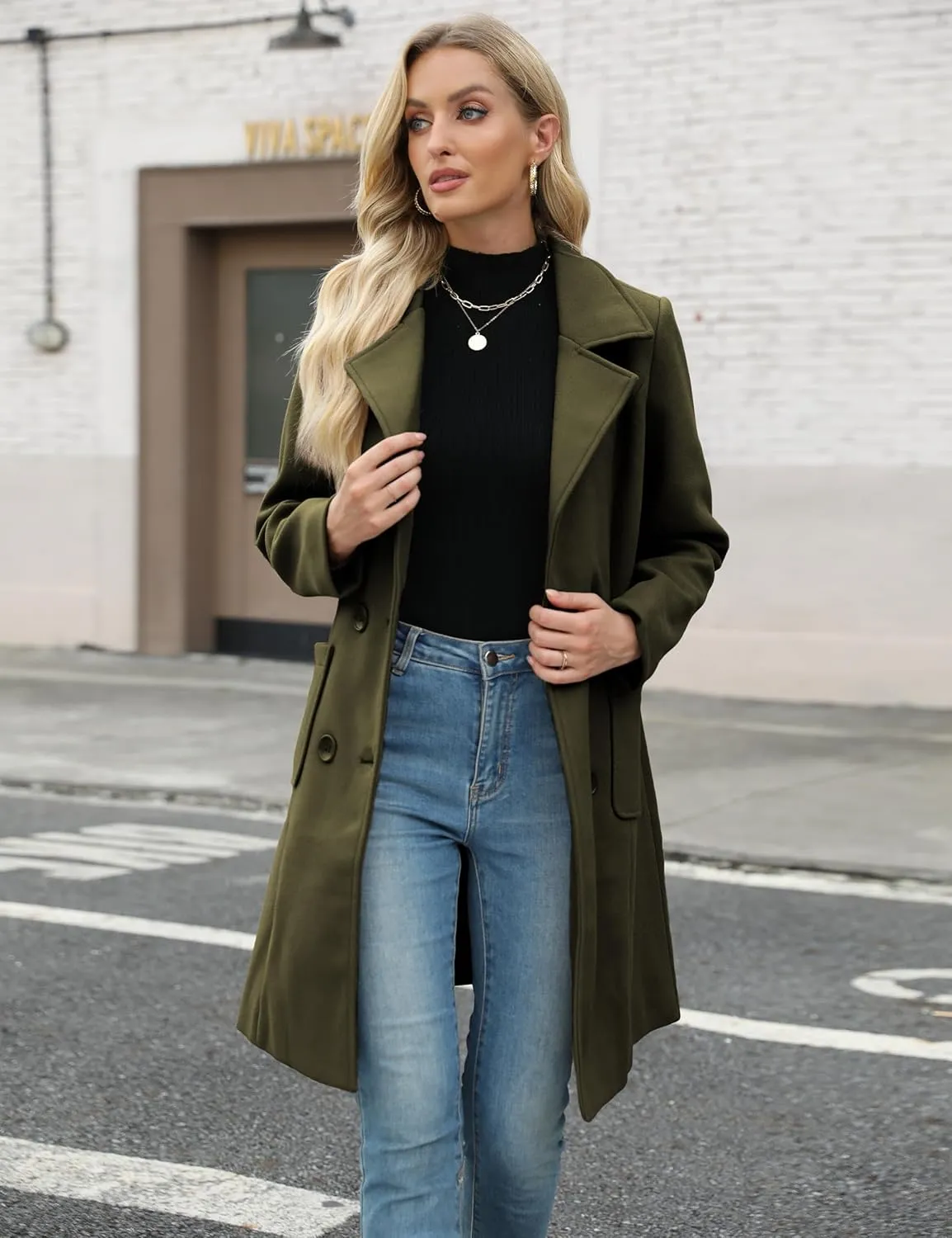 Bankeng Women Winter Wool Blend Camel Mid-Long Coat Notch Double-Breasted Lapel Jacket Outwear