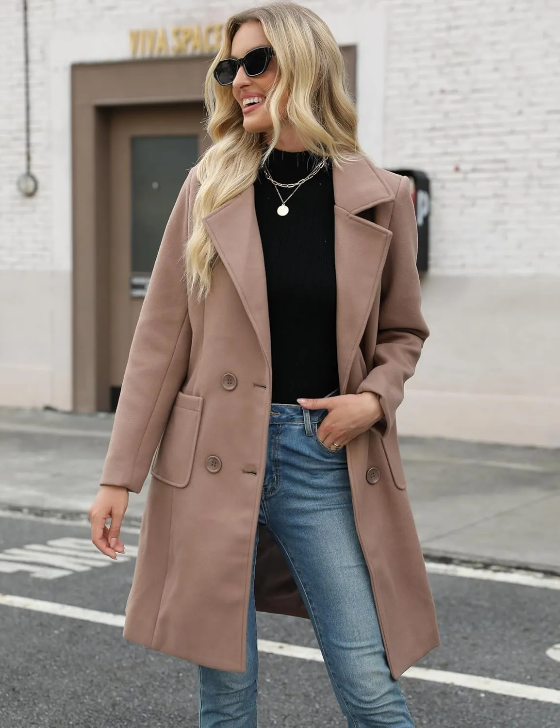 Bankeng Women Winter Wool Blend Camel Mid-Long Coat Notch Double-Breasted Lapel Jacket Outwear