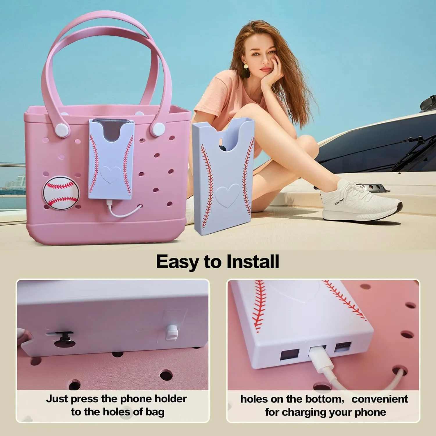 Baseball Theme Phone Holder for Bogg Bag/Simply Southern With 1 Charm,Organizer Accessories Inserts Compatible With Most Brands/Sizes Rubber Beach Totes,Cell Phone Attachment for Beach Handbags