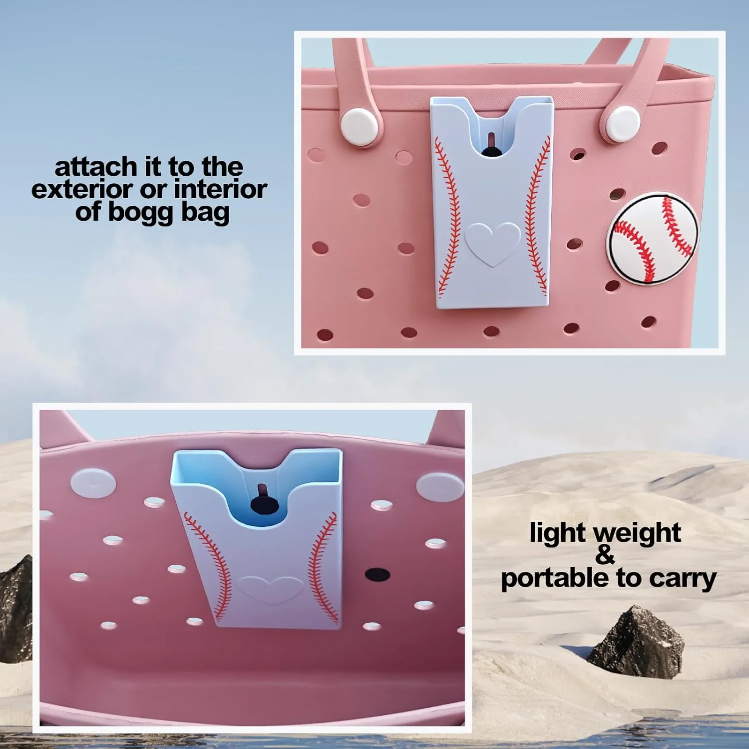 Baseball Theme Phone Holder for Bogg Bag/Simply Southern With 1 Charm,Organizer Accessories Inserts Compatible With Most Brands/Sizes Rubber Beach Totes,Cell Phone Attachment for Beach Handbags