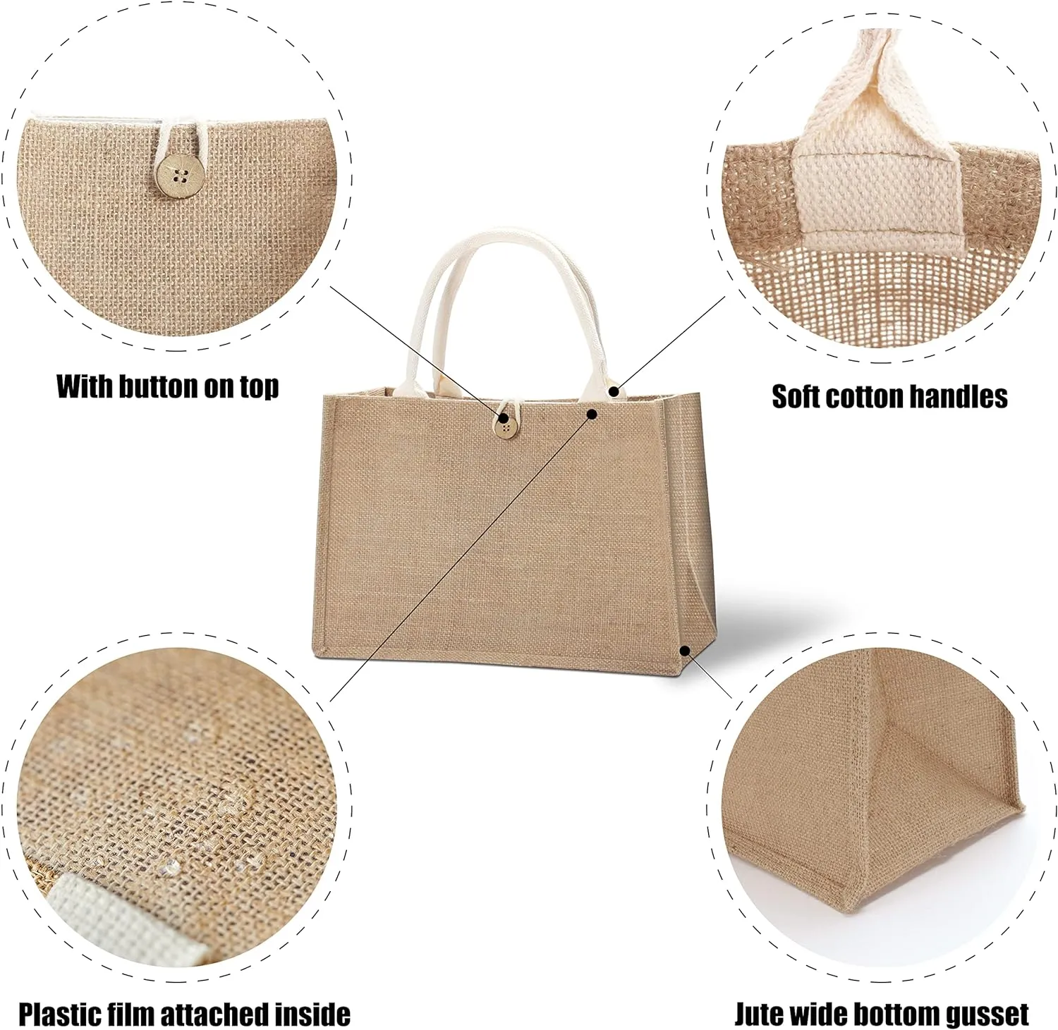 Beach Tote Jute Bags, 14.5"x6.7"x10.2" Set of 3 Burlap Totes Bags with Button Jute Bags with Handles, Tote Bag for Beach,DIY,Shopping, Wedding Welcome
