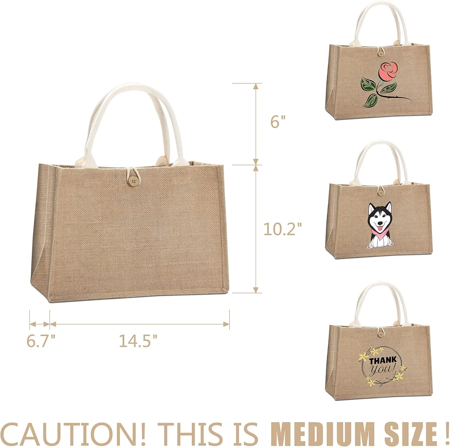 Beach Tote Jute Bags, 14.5"x6.7"x10.2" Set of 3 Burlap Totes Bags with Button Jute Bags with Handles, Tote Bag for Beach,DIY,Shopping, Wedding Welcome